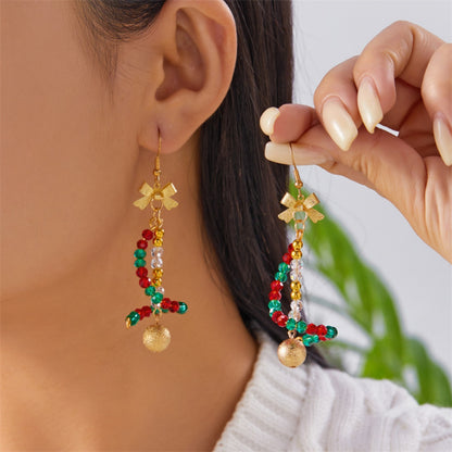 Creative Christmas Rice Crystal Bead Bowknot Snowflake Bells Drop Earrings Unique Xmas Paert Holiday Jewelry Gift For Women Men