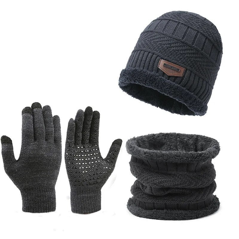 Men Windproof Hat Outdoor Winter Scarf Gloves Three Piece Neckline One Plus Cashmere Insulated Knit 6