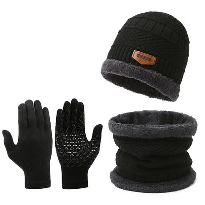 Men Windproof Hat Outdoor Winter Scarf Gloves Three Piece Neckline One Plus Cashmere Insulated Knit 7