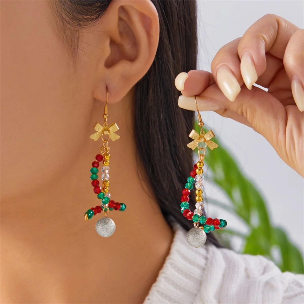 Creative Christmas Rice Crystal Bead Bowknot Snowflake Bells Drop Earrings Unique Xmas Paert Holida 7