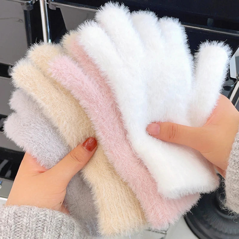Fashion Winter Gloves, Mink Velvet Five Finger Gloves, Plush Warm Cold Proof Gloves, Women Cycling Outdoors Solid Colour