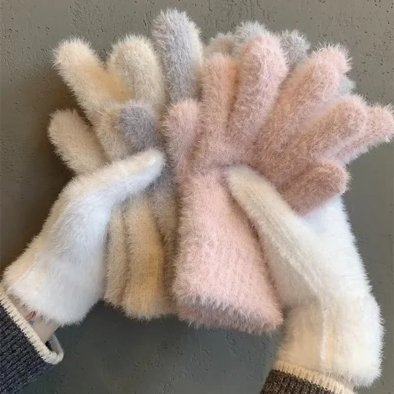 Fashion Winter Gloves, Mink Velvet Five Finger Gloves, Plush Warm Cold Proof Gloves, Women Cycling Outdoors Solid Colour