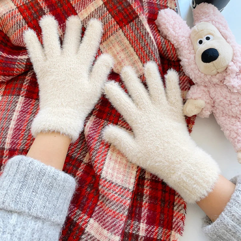 Fashion Winter Gloves, Mink Velvet Five Finger Gloves, Plush Warm Cold Proof Gloves, Women Cycling Outdoors Solid Colour