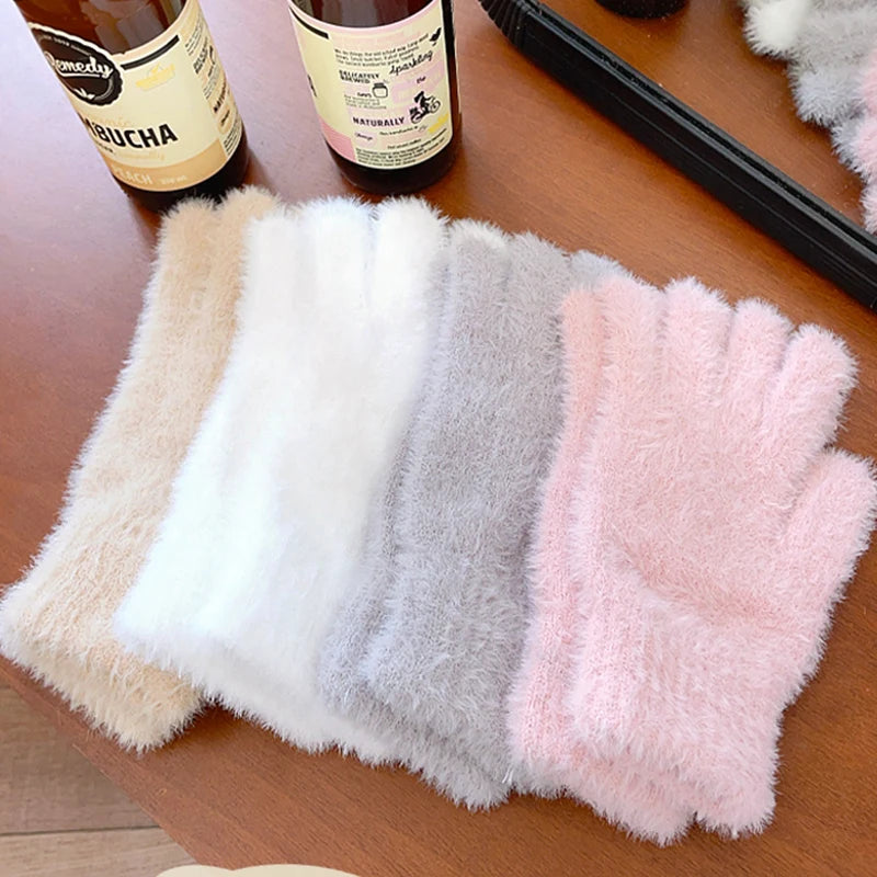Fashion Winter Gloves, Mink Velvet Five Finger Gloves, Plush Warm Cold Proof Gloves, Women Cycling Outdoors Solid Colour