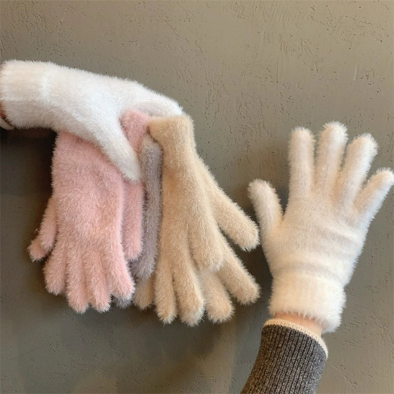 Fashion Winter Gloves, Mink Velvet Five Finger Gloves, Plush Warm Cold Proof Gloves, Women Cycling Outdoors Solid Colour