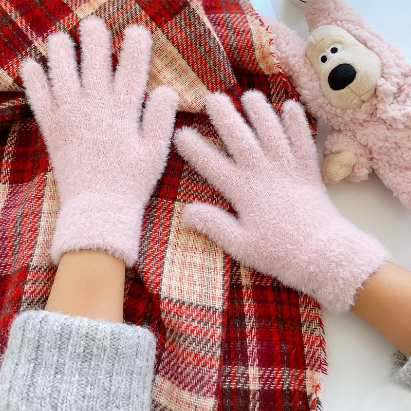 Fashion Winter Gloves, Mink Velvet Five Finger Gloves, Plush Warm Cold Proof Gloves, Women Cycling Outdoors Solid Colour