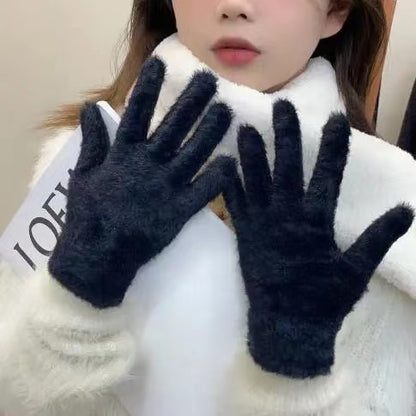 Fashion Winter Gloves, Mink Velvet Five Finger Gloves, Plush Warm Cold Proof Gloves, Women Cycling Outdoors Solid Colour