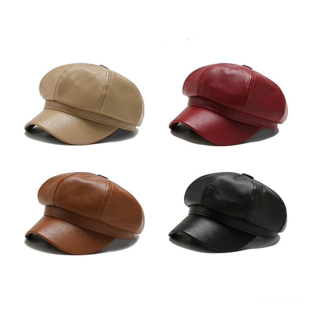 Fashion Women Leather Beret, Octagonal Hat Autumn Winter Style, Versatile Big Head Circumference Cap