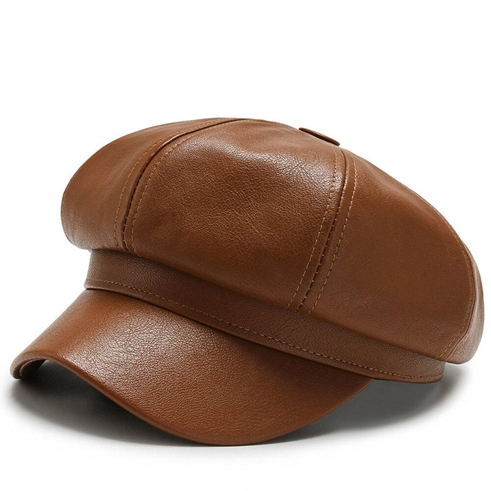 Fashion Women Leather Beret Octagonal Hat Autumn Winter Style Versatile Big Head Circumference Cap 3