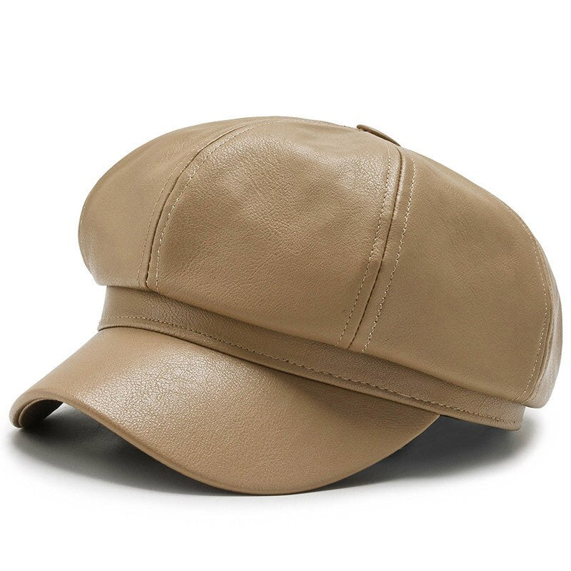 Fashion Women Leather Beret Octagonal Hat Autumn Winter Style Versatile Big Head Circumference Cap 8