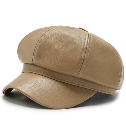 Fashion Women Leather Beret Octagonal Hat Autumn Winter Style Versatile Big Head Circumference Cap 8
