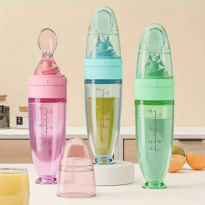 Portable Squeeze Feeding Bottle, Soft Spoon Silicone Feeder with Cup Cap, Colorful Silicone Baby Bottle Feeder
