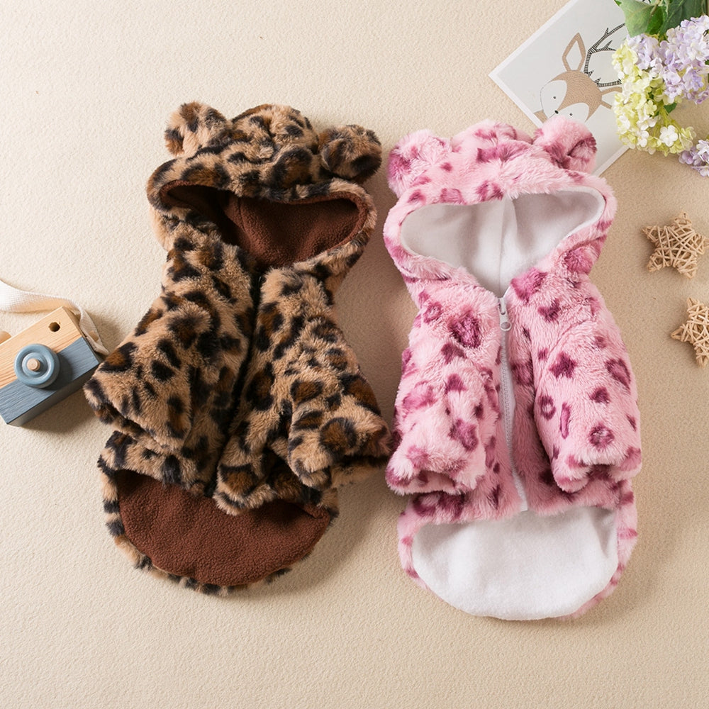 Winter Pet Dog Clothes Warm Fleece, Dog Coat Jacket, Leopard Dog Hoodie, French Bulldog Clothing for Small Dogs