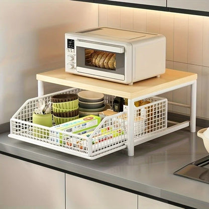 Solid-Wood & Metal Countertop Microwave Rack, Space-Saving Kitchen Storage Stand
