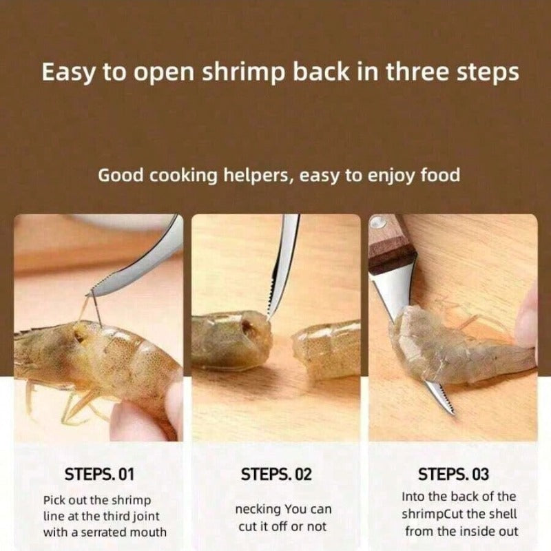 Shrimp Deveining Tool, Stainless Steel Blade and Wooden Handle for Effortless Shrimp Preparation