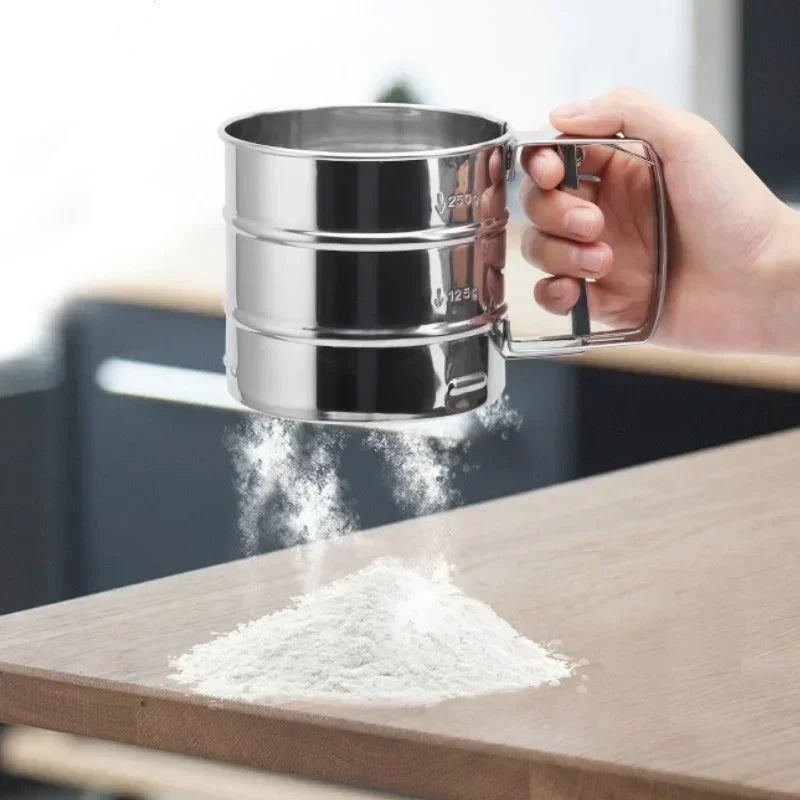 Hand Press Semi-automatic Sugar Flour Sifter, Stainless Steel Baking Tool with Scale