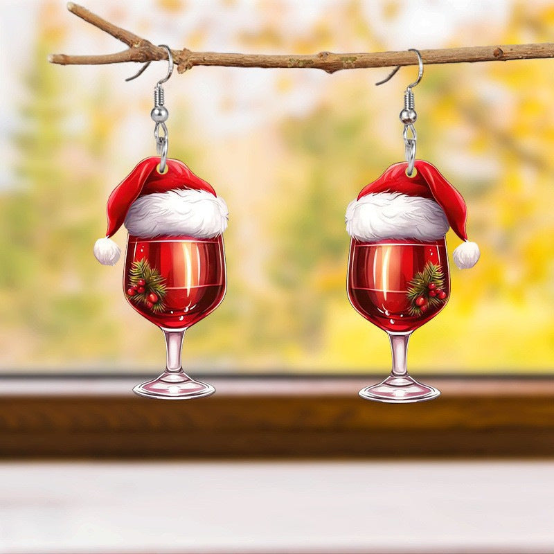 Christmas Hat Red Wine Glass Earrings, Acrylic Holiday Party Gift for Women