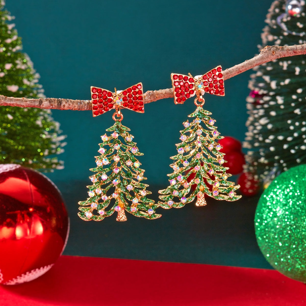 Exquisite Christmas Tree Drop Earrings Colorful Rhinestone Bowknot Jewelry For Women Men 1