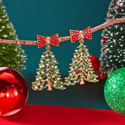 Exquisite Christmas Tree Drop Earrings Colorful Rhinestone Bowknot Jewelry For Women Men 1