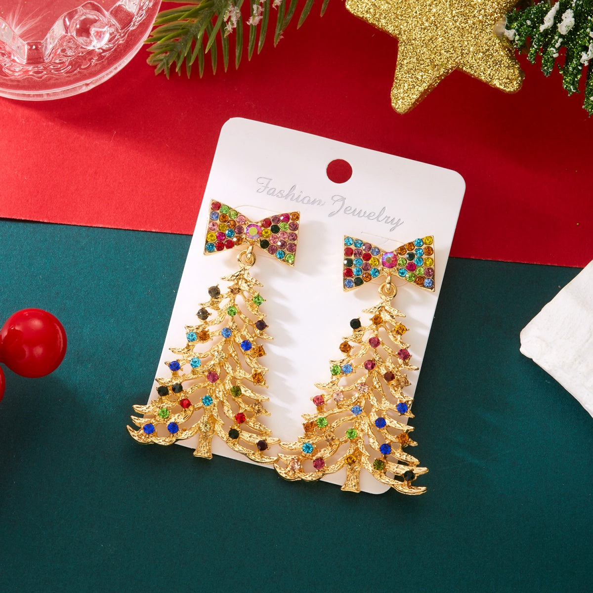 Exquisite Christmas Tree Drop Earrings Colorful Rhinestone Bowknot Jewelry For Women Men 4
