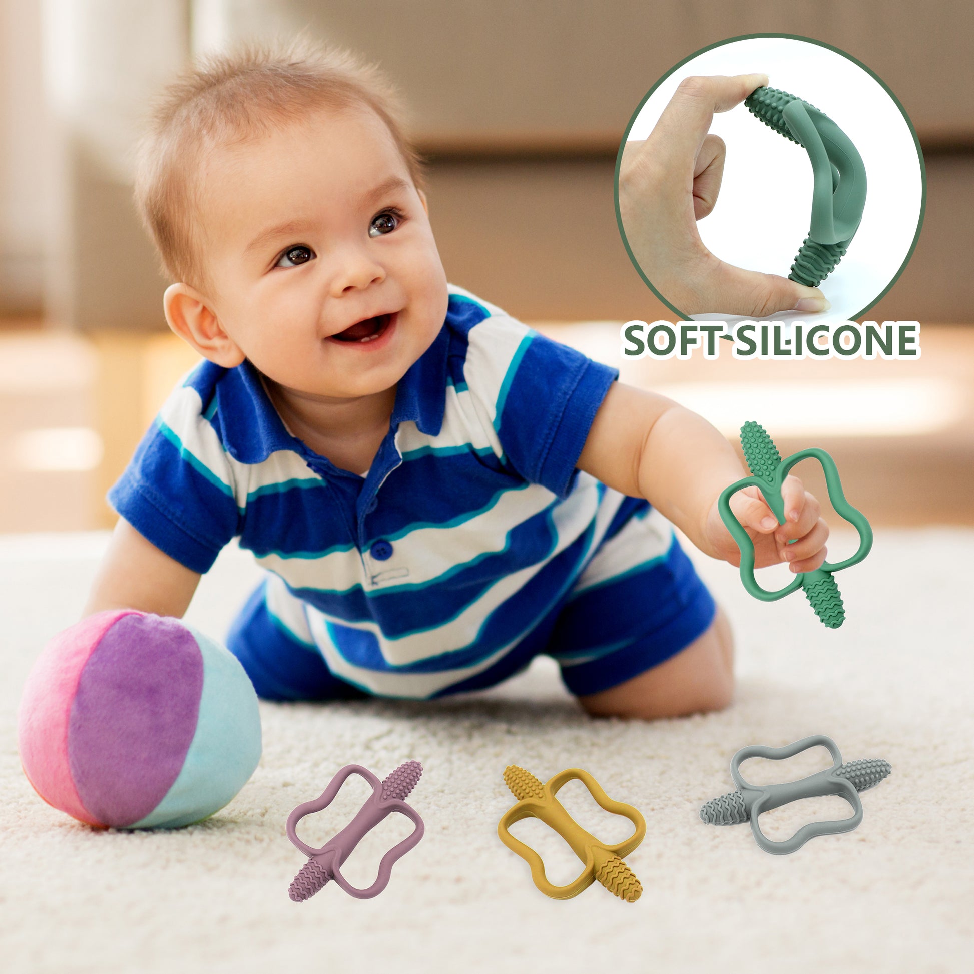 Easy-Grip Baby Teething Toys with Food-Grade Silicone, Perfect for 0-6, 6-12 Months, Promotes Motor Skill Development