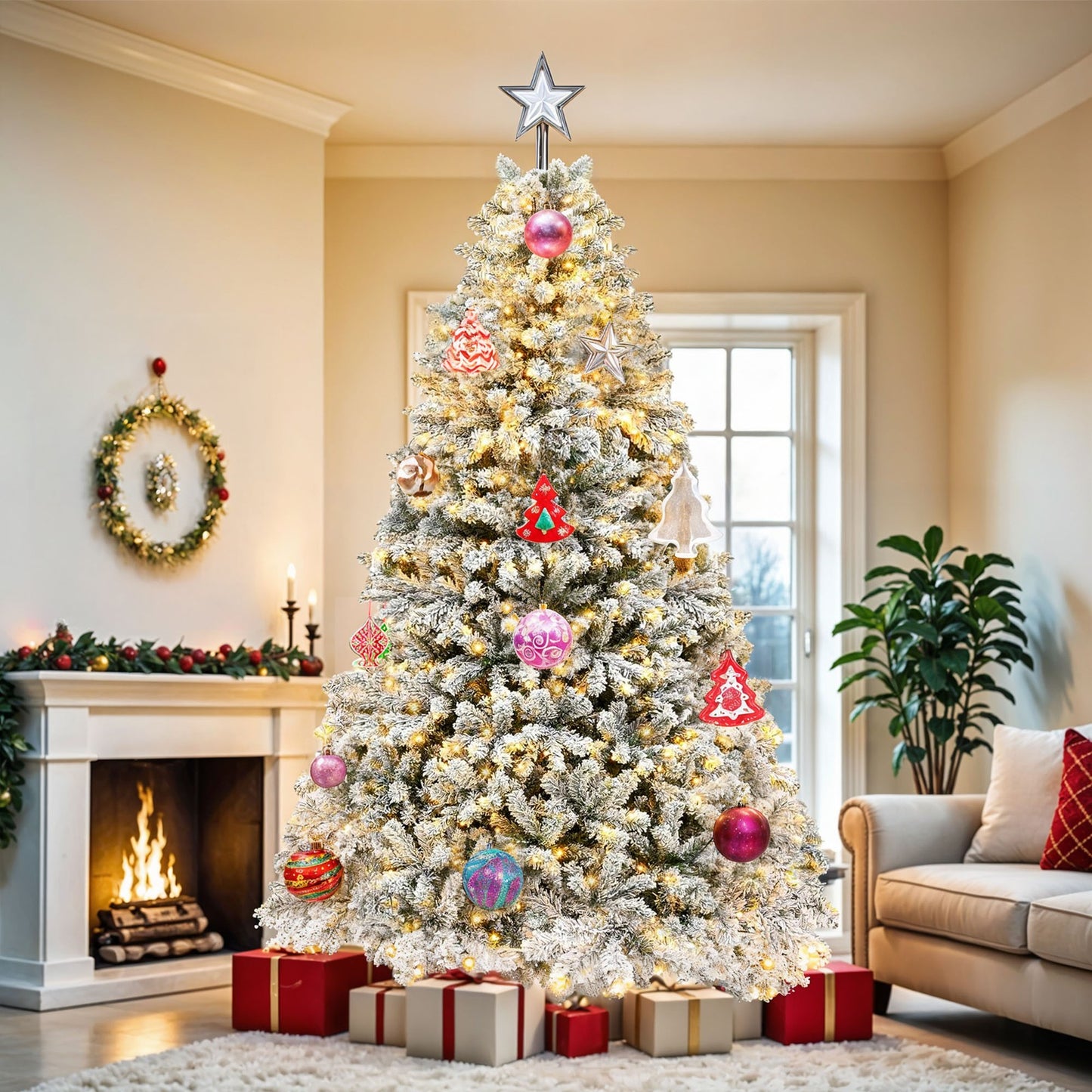 Prelit Snow Flocked Christmas Tree, Artificial Full Tree with Remote