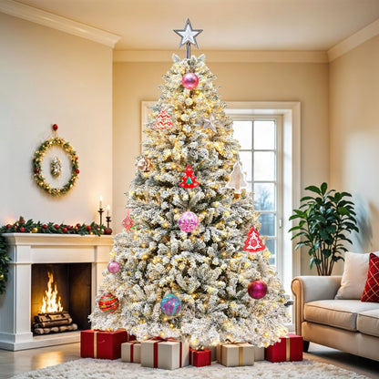 Prelit Snow Flocked Christmas Tree, Artificial Full Tree with Remote