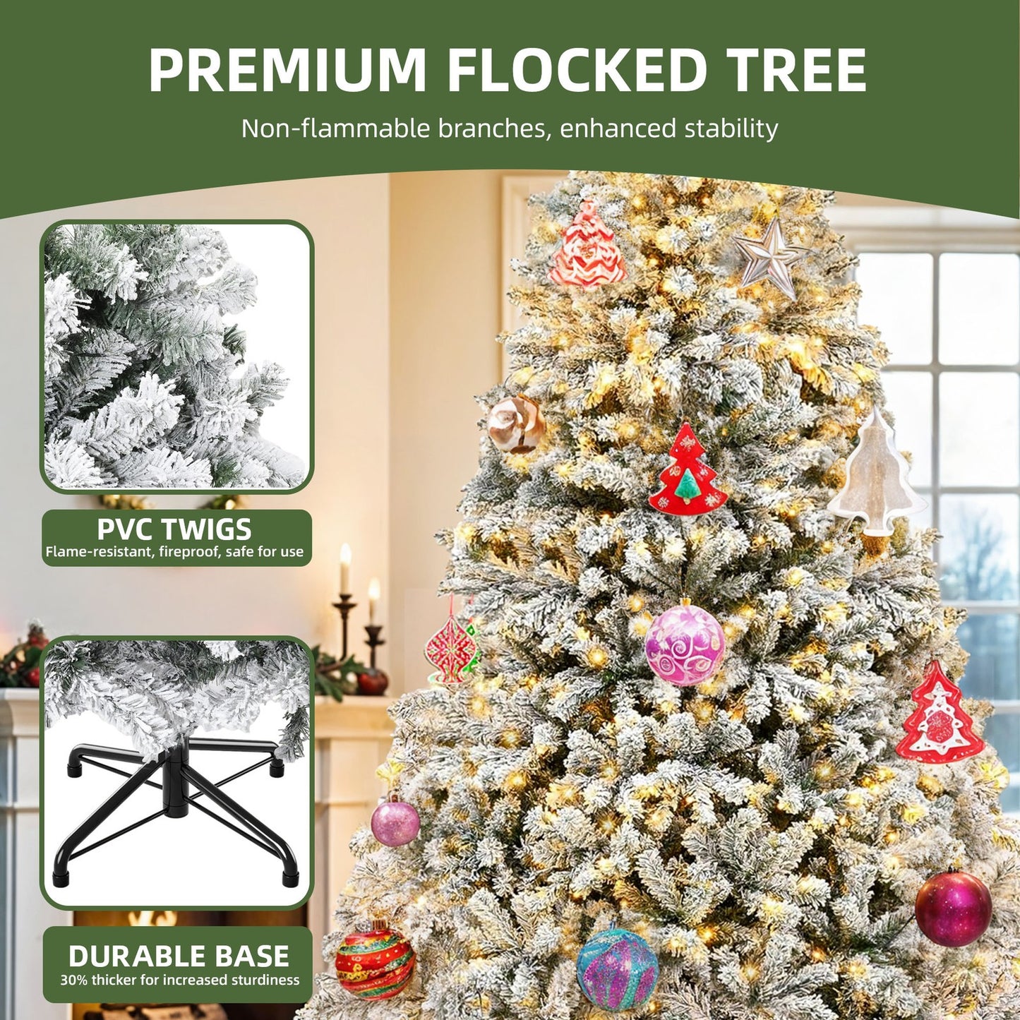 Prelit Snow Flocked Christmas Tree Artificial Full Tree With Remote 3