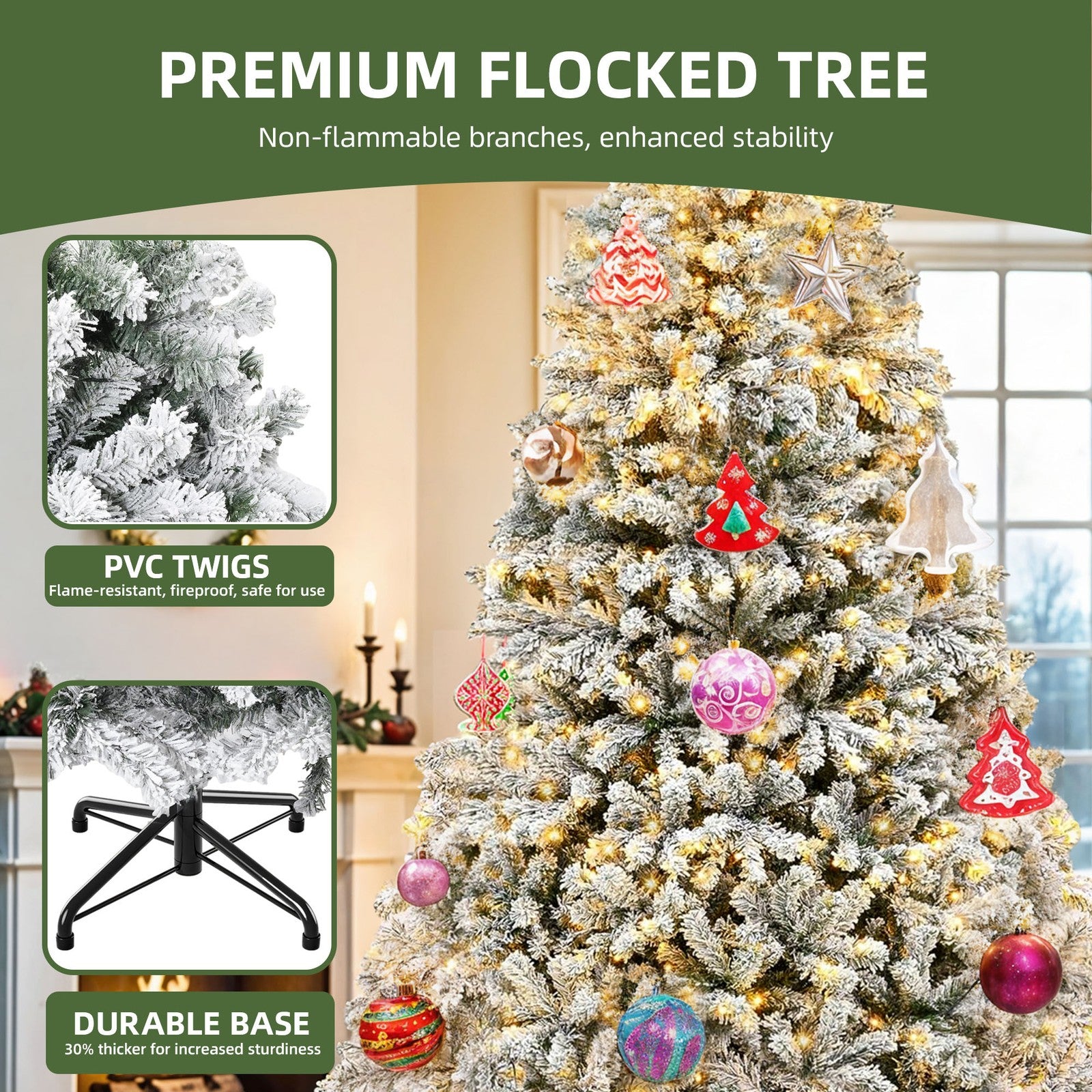 Prelit Snow Flocked Christmas Tree Artificial Full Tree With Remote 3