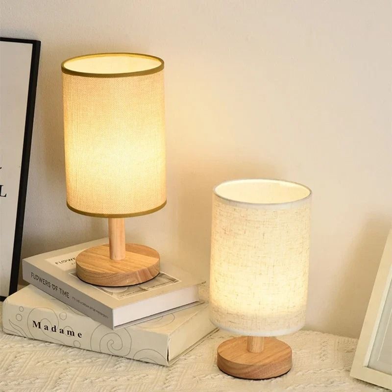 LED Bedside Table Lamp – Modern Minimalist Fabric Shade with Wooden Base, USB Powered Night Light
