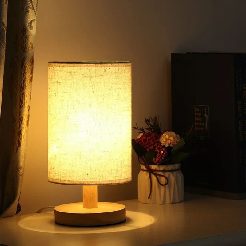 LED Bedside Table Lamp  Modern Minimalist Fabric Shade With Wooden Base USB Powered Night Light 1