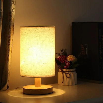 LED Bedside Table Lamp  Modern Minimalist Fabric Shade With Wooden Base USB Powered Night Light 1