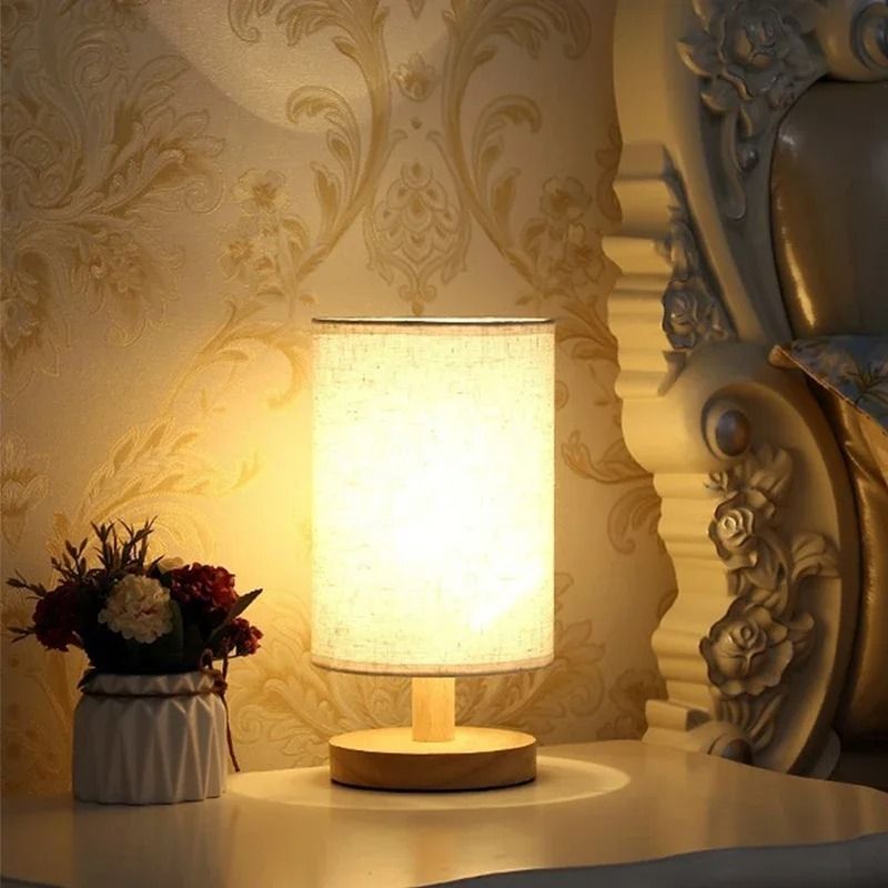 LED Bedside Table Lamp  Modern Minimalist Fabric Shade With Wooden Base USB Powered Night Light 2