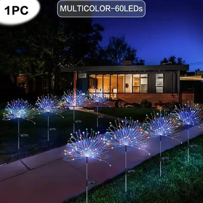 60LED Solar Fireworks Lights  Outdoor Waterproof Garden Decor 8 Modes  Remote Control 9
