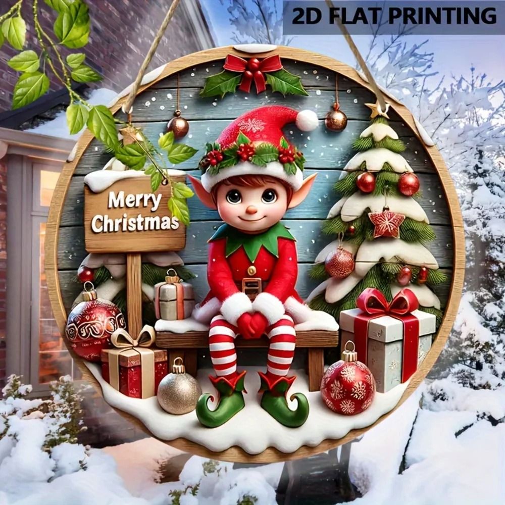 Charming Christmas Elf Wooden Sign Round Holiday Home Party Decoration
