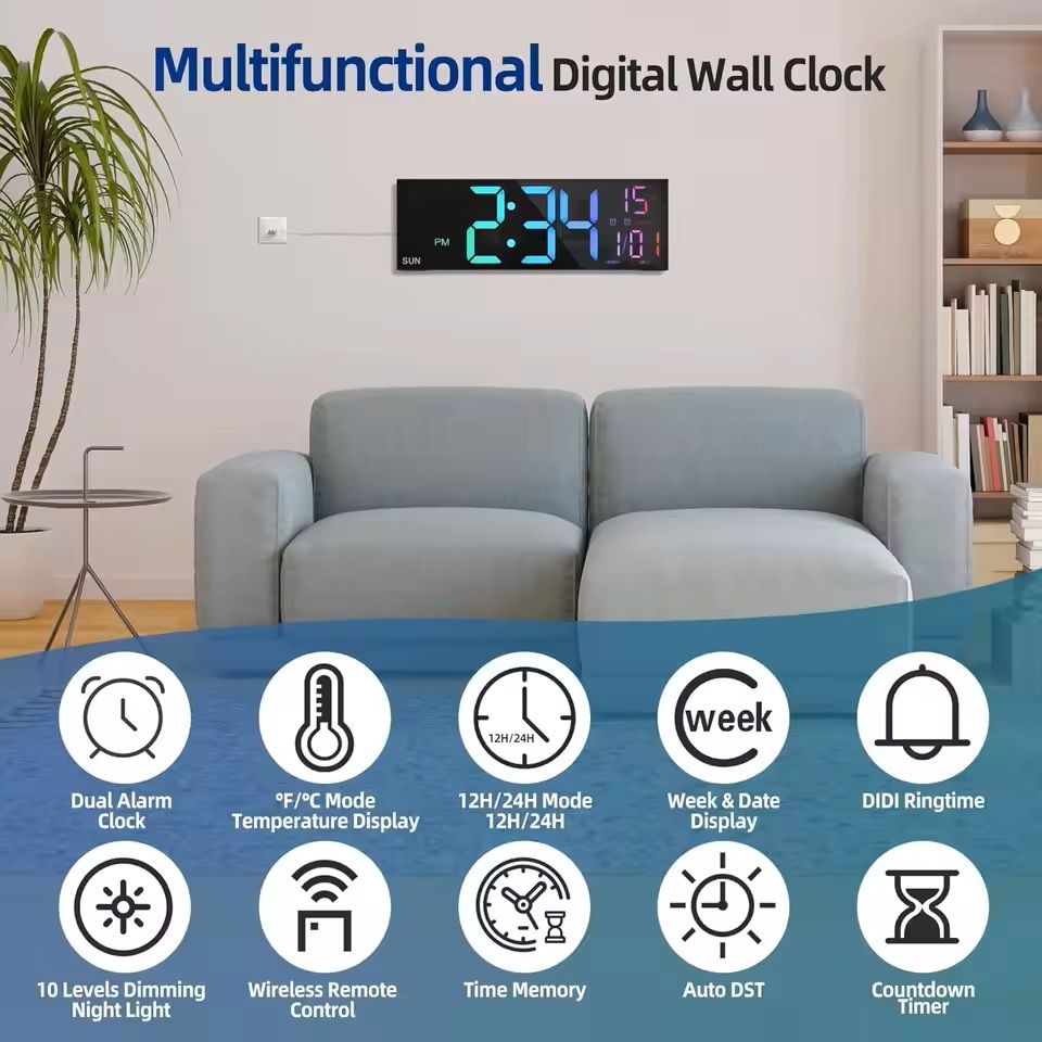 16.2 Inch Large Digital Wall Clock with Remote Control and RGB Colors