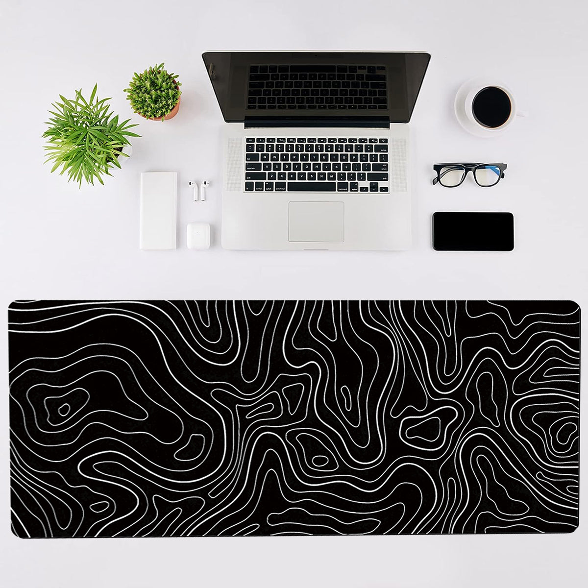 Gaming Mouse Pad, Topographic Mouse Pad, Large Keyboard Pad, Black and White Mouse Pad for Keyboard