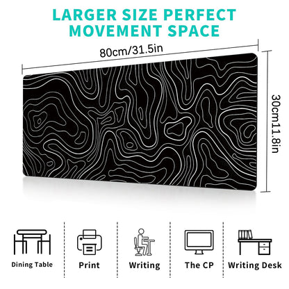Gaming Mouse Pad, Topographic Mouse Pad, Large Keyboard Pad, Black and White Mouse Pad for Keyboard