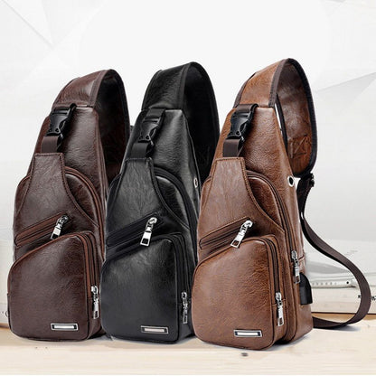 Casual Fashion Shoulder Bag PU, USB Data Cable Charging Chest Bag, Men's Outdoor Sports Bag