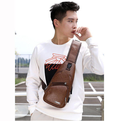 Casual Fashion Shoulder Bag PU, USB Data Cable Charging Chest Bag, Men's Outdoor Sports Bag