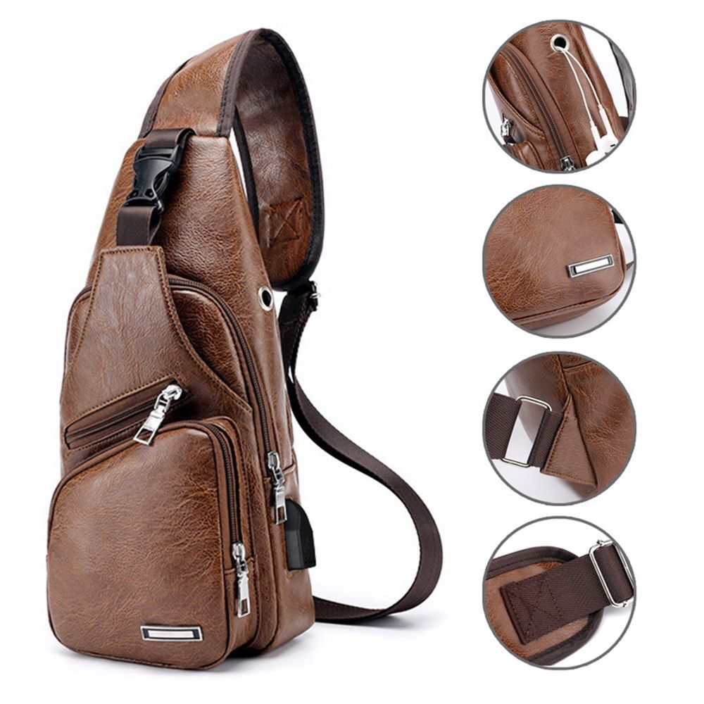 Casual Fashion Shoulder Bag PU, USB Data Cable Charging Chest Bag, Men's Outdoor Sports Bag
