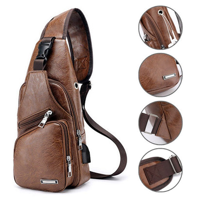 Casual Fashion Shoulder Bag PU, USB Data Cable Charging Chest Bag, Men's Outdoor Sports Bag