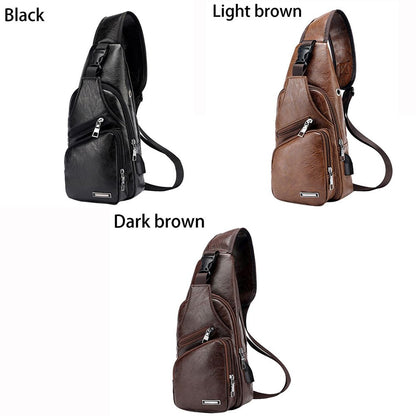 Casual Fashion Shoulder Bag PU, USB Data Cable Charging Chest Bag, Men's Outdoor Sports Bag