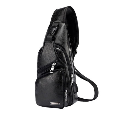 Casual Fashion Shoulder Bag PU, USB Data Cable Charging Chest Bag, Men's Outdoor Sports Bag