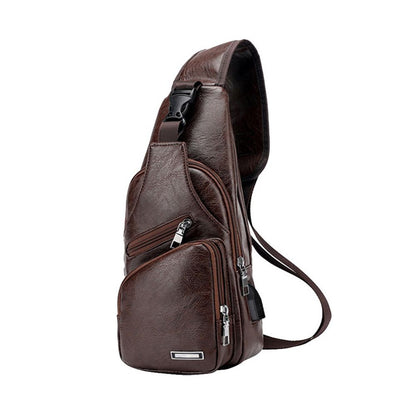 Casual Fashion Shoulder Bag PU, USB Data Cable Charging Chest Bag, Men's Outdoor Sports Bag
