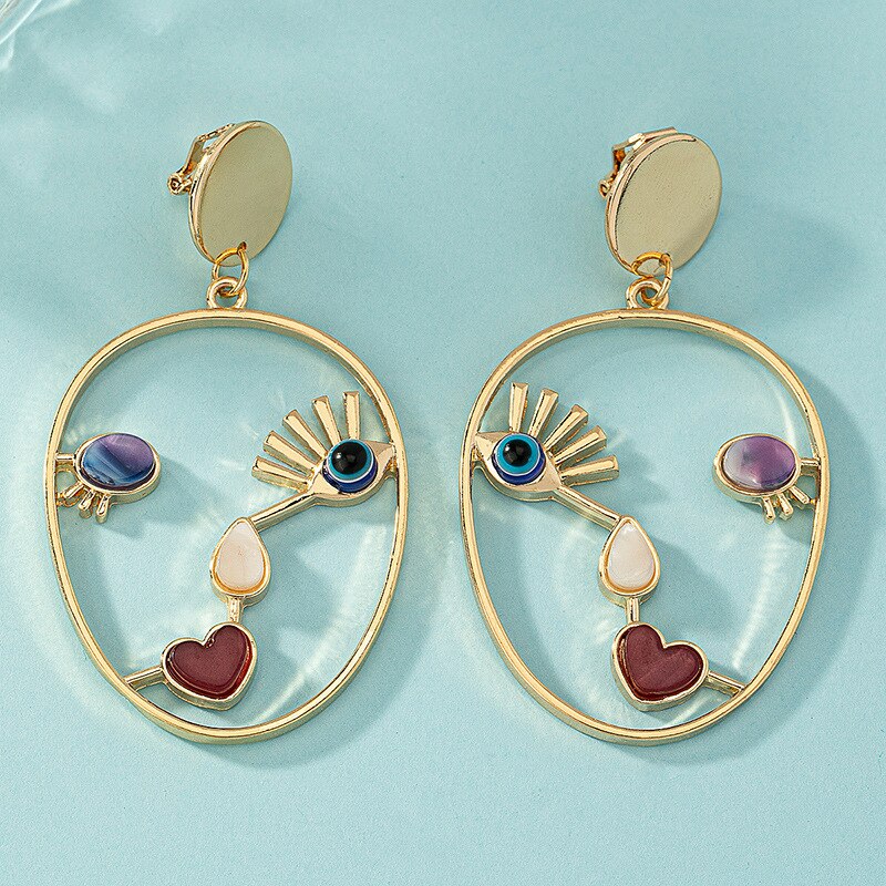 Goldcolor Hollow Geometric Evil Eye Beads Dangle Earrings Creative Abstract Face Pendant For Women 2