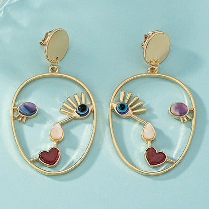 Goldcolor Hollow Geometric Evil Eye Beads Dangle Earrings Creative Abstract Face Pendant For Women 2