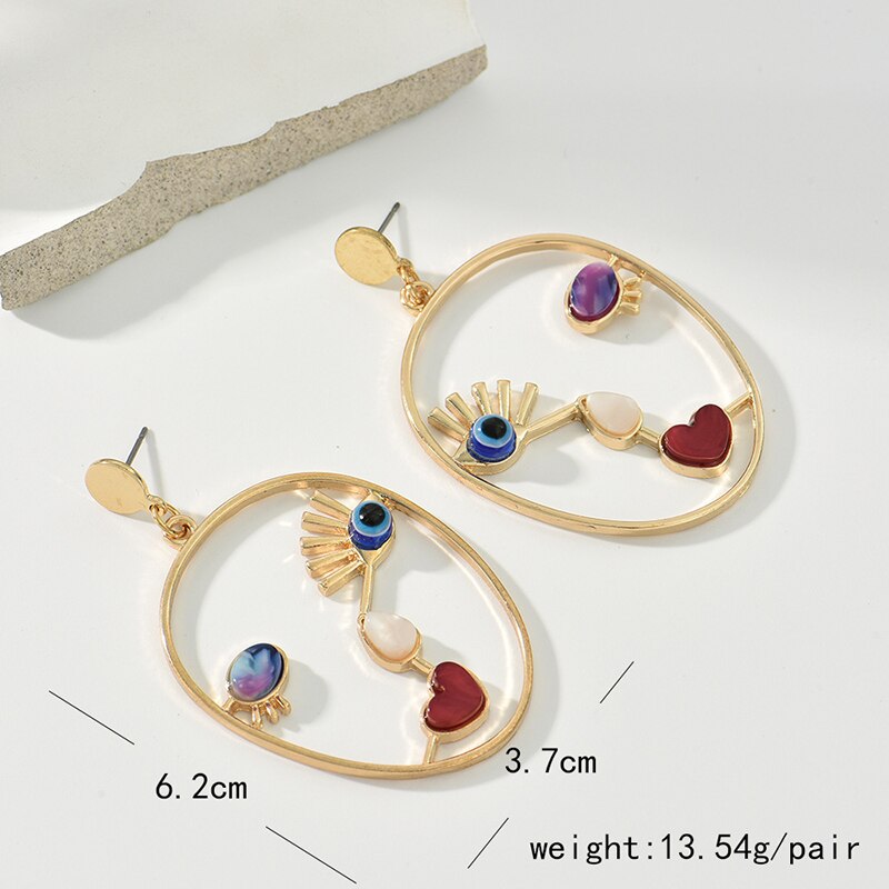 Goldcolor Hollow Geometric Evil Eye Beads Dangle Earrings Creative Abstract Face Pendant For Women 3