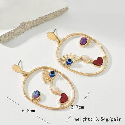 Goldcolor Hollow Geometric Evil Eye Beads Dangle Earrings Creative Abstract Face Pendant For Women 3