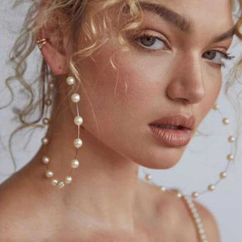 Luxury Pearl Round Loop Earring for Women, Imitation Pearl Large Hoops, Wedding Creole Jewelry, Pendientes Aros